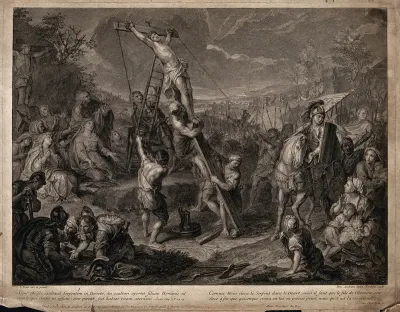 The cross bearing Christ is hoisted up before a multitude of lamenters and soldiers