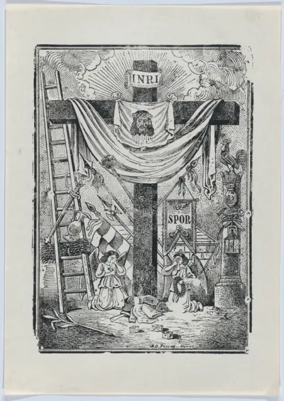 The cross decorated with instruments of the passion of Christ, two weeping angels below