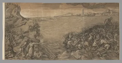 The crossing of the red sea, Moses stands at the left pointing to the army being submerged, after Titian