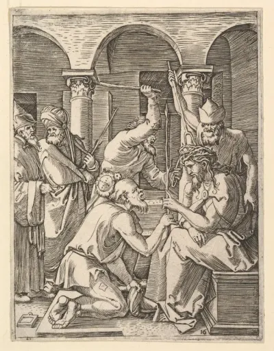 The Crown of Thorns; men putting crown of thorns on Christ who blesses kneeling man, from "The Passion of Christ", after Dürer