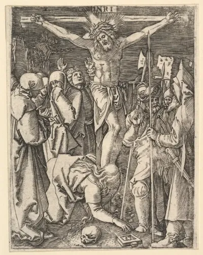 The Crucifixion: Christ on the cross with Magdalen in foreground, from "The Passion of Christ", after Dürer