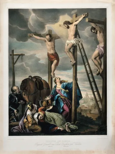 The crucifixion of Christ; beneath the cross are positioned the four Maries, a soldier and a horse