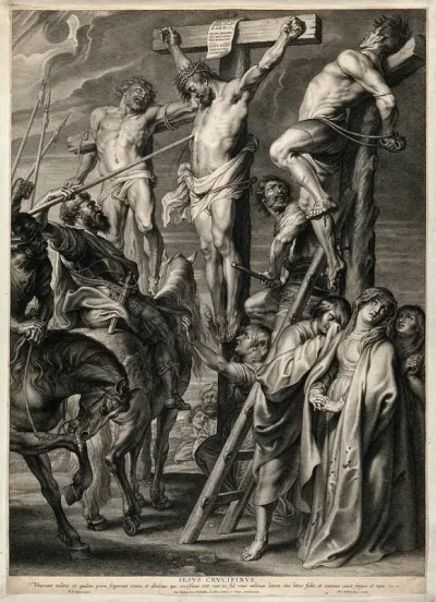 The crucifixion of Christ; his side is punctured by a soldier's lance