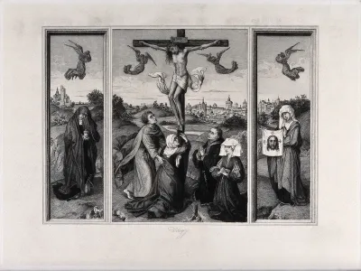 The crucifixion of Christ; the three Maries lament