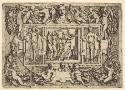 The Cumeaean sibyl walking to the right and carrying a tray, followed by three women, set within an elaborate frame
