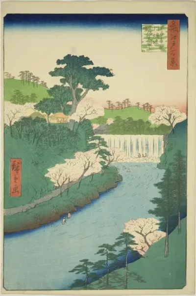 The Dam on the Otonashi River at Oji, Commonly Called "The Great Waterfall" (Oji Otonashigawa entai, sezoku Otaki to tonau), from the series "One Hundred Famous Views of Edo (Meisho Edo hyakkei)"
