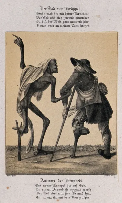 The dance of death at Basel: death, who has only one foot, and a lame man who also has only one foot