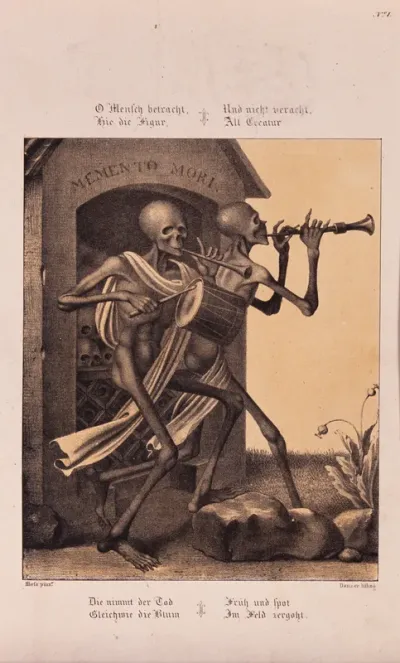 The dance of death at Basel; skeletons playing the pipe and the drum to accompany the dance