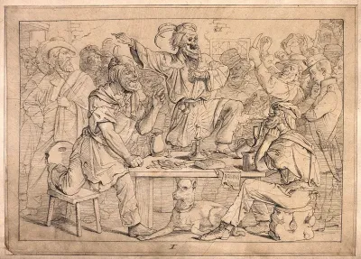 The dance of death: Death appears to the people in the inn and instigates them, the proletariat, to clear the throne to make way for communism