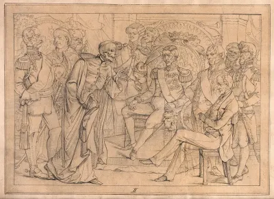 The dance of death: Death as a cardinal in the Roman Catholic church approaches a prince and encourages him to change his gentle reign to despotism