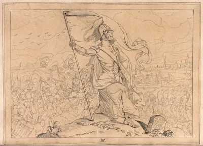 The dance of death: Death as a standard-bearer, flying the standard from his scythe, is seen leading troops against their fatherland