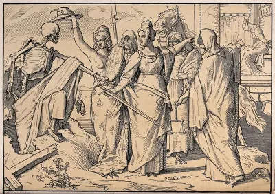 The dance of death: Death emerges from the ground and is greeted by a group of allegorical women, symbolising the vices