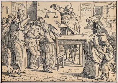 The dance of death: Death entertains a crowd in front of a tavern by showing that a crown weighs as much or as little as a pipe
