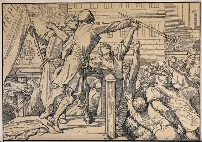 The dance of death: Death is seen as hero of the Revolution who passes his sword to the people