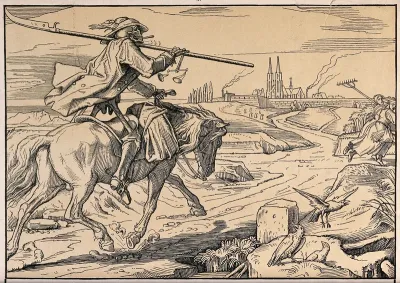 The dance of death: Death on horseback approaches the city