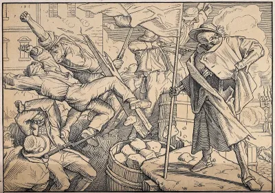 The dance of death: Death, seen on top of a barricade, reveals his true identity to the people