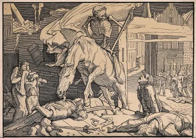 The dance of death: Death, seen riding his horse, leaves the city as the hero who equalised those who followed him blindly