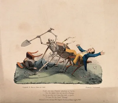 The dance of death: Death sees two players playing at cards