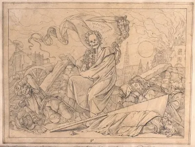 The dance of death: the fight is over and Death is seen seated, enthroned on ruins composed of rubble and the dead