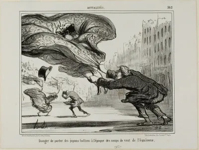 The danger of wearing hoopskirts during a sudden spring storm, plate 26 from La Crinolomanie