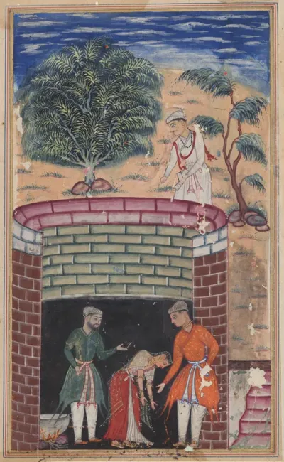 The daughter of the king of the jinns bows before the King of Kings who has just undergone the ordeal of passing through the boiling oil to emerge as a youth, from a Tuti-nama (Tales of a Parrot): Seventh Night