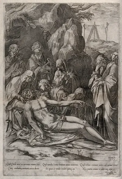 The dead Christ is lamented by the four holy women, Nicodemus and Joseph of Arimathaea