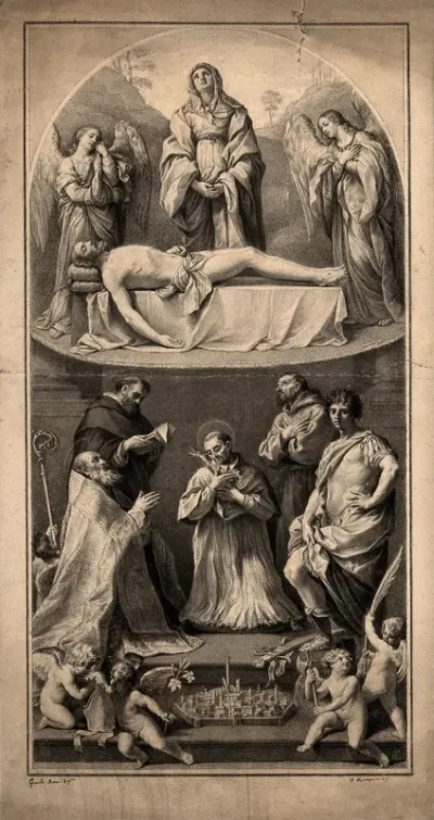 The dead Christ with the Virgin Mary and angels with Saint Petronius, Saint Dominic, Saint Charles Borromeo, Saint Francis of Assisi and Saint Florian (all patron saints of Bologna) below