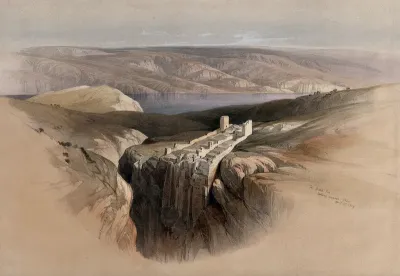 The Dead Sea, looking east from Engedi towards the monastery of St