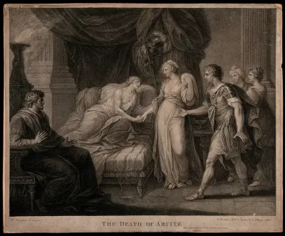 The death of Arcite: the dying Arcite lies on the bed holding the hand of a young lady, surrounded by a king, servants and a friend in armour