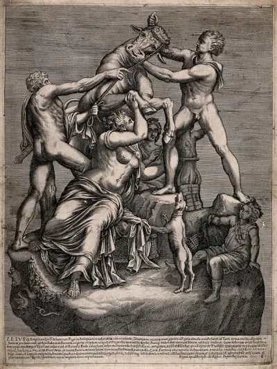 The death of Dirke (Dirce): her stepsons Zetos (Zethos) and Amphion tie her by her hair to the horns of a bull and have her flung into a well