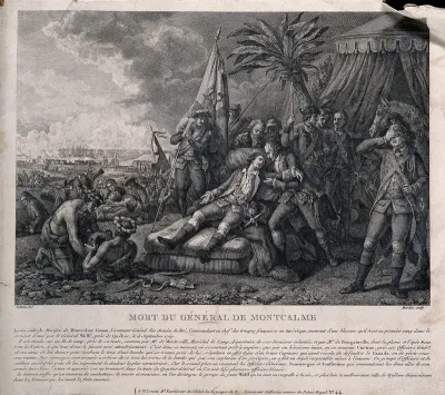 The death of General Montcalm, at Quebec, in the background are soldiers and ships