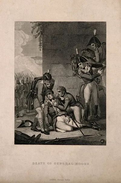 The death of General Sir John Moore at Corunna: he is supported by a Highlander as Hardinge hastens to help him, in the background more soldiers