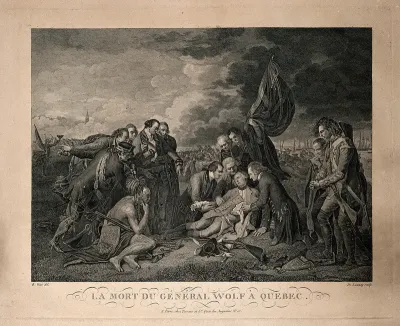 The death of General Wolfe, at Quebec, in the background are soldiers and ships