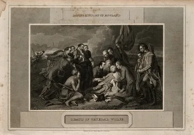 The death of General Wolfe, at Quebec, in the background are soldiers and the masts of ships