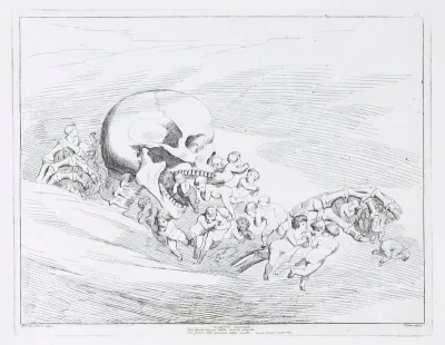 The death of infants: a skeleton representing Death grabs and eats infants who die innocent of vice but unendowed with the theological virtues