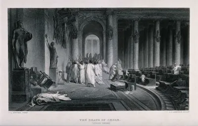 The death of Julius Caesar: Caesar is lying on the ground, assassinated by a group of senatorial conspirators led by Cassius Longinus and Marcus Iunius Brutus on the Ides of March