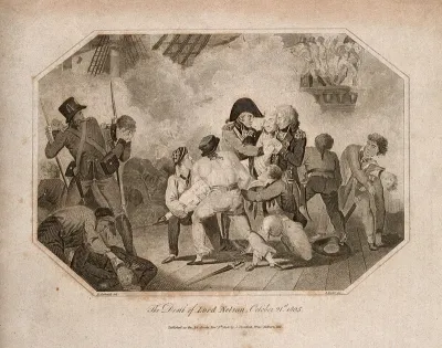 The death of Lord Nelson on the deck of HMS Victory at the battle of Trafalgar