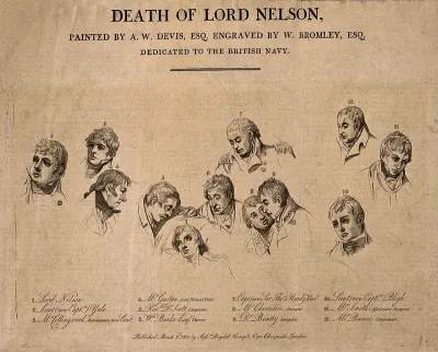 The death of Lord Nelson on the quarter deck aboard HMS Victory at the battle of Trafalgar: key to the painting
