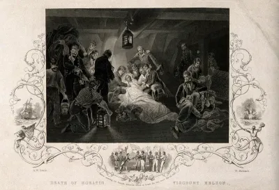 The death of Lord Nelson on the quarter deck aboard HMS Victory at the battle of Trafalgar