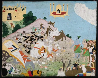 The death of Ravana, the ten headed demon king of Lanka by Lord Rama, his brother Lakshman and an army of monkeys