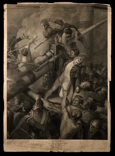 The death of Robert Faulknor: he is shot while lashing the French enemy ship to his own ship