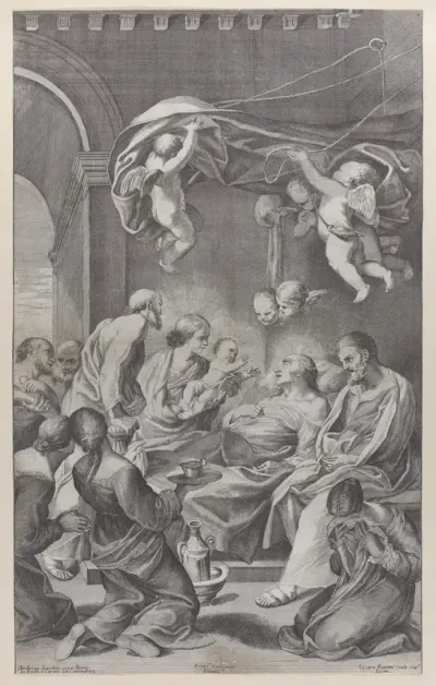 The death of Saint Anne with various family members surrounding her and angels overhead