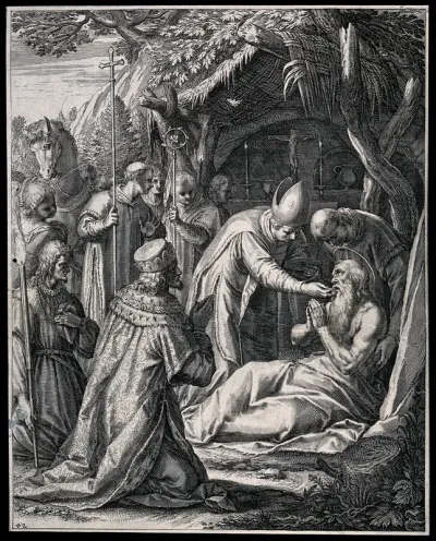 The death of Saint Gunther von Niederalteich: he receives the eucharist from Šebíř (Severus) bishop of Prague