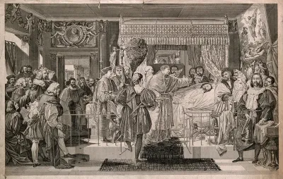 The deathbed of Raphael Sanzio: Pope Leo X scatters flowers on his dead body