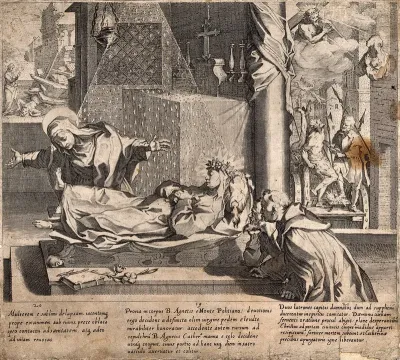 The deceased Saint Agnes of Montepulciano raising her foot to be kissed by Saint Catherine of Siena with scenes behind of a martyrdom and a miracle