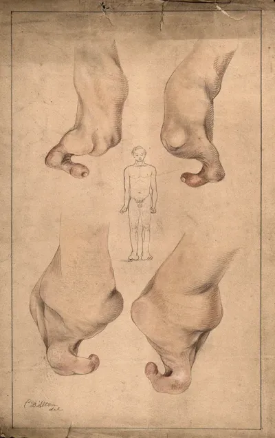 The deformed hands and feet of a young man suffering from congenital malformation: shown beside a sketch of the man himself