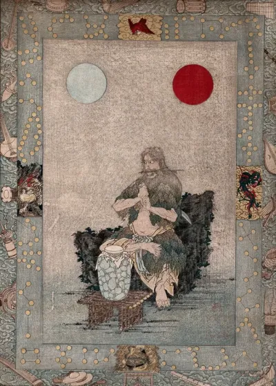 The deity En no Ozunu (?) in a leaf cloak, with his hands in mudra (a sacred gesture), seated on a rock, with a wine-jar on a low table before him and the sun and moon above
