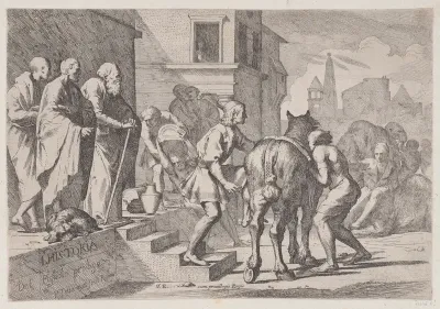 The departure of the prodigal son, shown at about to mount his horse, from a series of four prints