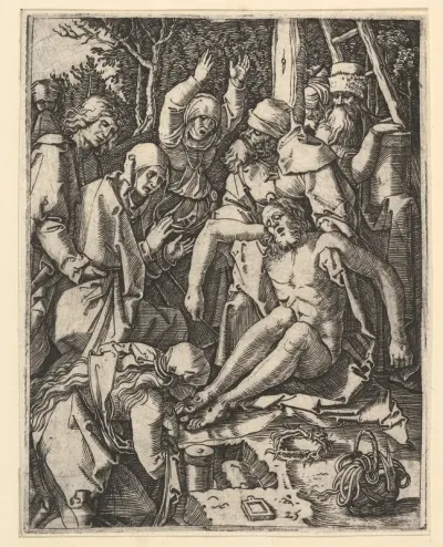 The Deposition; Christ being taken from the Cross, a man on a ladder is holding the body while St John is supporting the weight with a cloth rope, from "The Passion of Christ", after Dürer