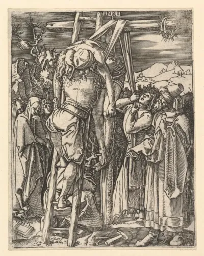 The Descent from the Cross; Christ being taken from the cross, St John supports weight with cloth rope, from "The Passion of Christ", after Dürer